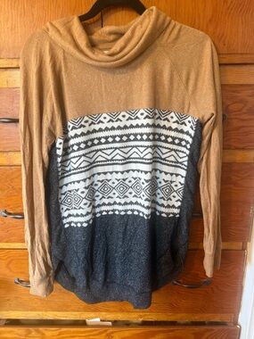 Maurices Tan, Cream & Black Cowl Neck Fair Isle Pullover